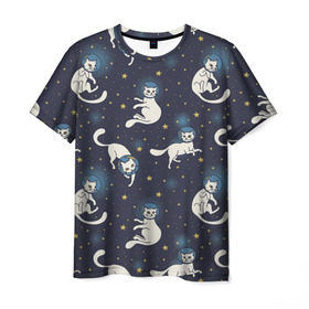 Мужская футболка 3D с принтом Космокотики в Кировске, 100% полиэфир | прямой крой, круглый вырез горловины, длина до линии бедер | звёзды | космос | кот | котик | кошка | паттерн | скафандр