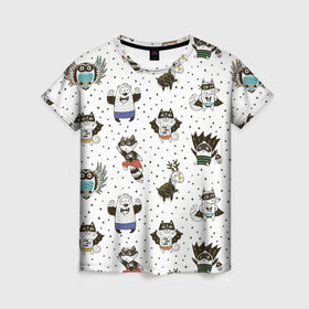 Женская футболка 3D с принтом Лесные супергерои в Кировске, 100% полиэфир ( синтетическое хлопкоподобное полотно) | прямой крой, круглый вырез горловины, длина до линии бедер | енот | лес | лис | лось | медведь | паттерн | сова