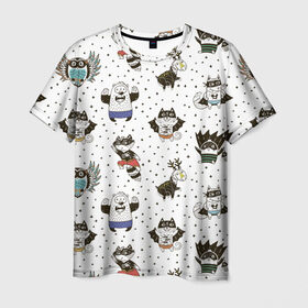 Мужская футболка 3D с принтом Лесные супергерои в Кировске, 100% полиэфир | прямой крой, круглый вырез горловины, длина до линии бедер | Тематика изображения на принте: енот | лес | лис | лось | медведь | паттерн | сова