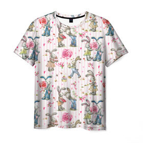 Мужская футболка 3D с принтом Кролики в Кировске, 100% полиэфир | прямой крой, круглый вырез горловины, длина до линии бедер | акварель | зайчиха | заяц | кролиха | кроль | любовь | подарок | полоска | рисунок | сердце