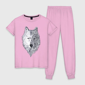 Женская пижама хлопок с принтом Рисованный волк в Кировске, 100% хлопок | брюки и футболка прямого кроя, без карманов, на брюках мягкая резинка на поясе и по низу штанин | арт | волки | графика | животные | узор | хищники | черно белые
