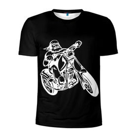 Мужская футболка 3D спортивная с принтом Байкер в Кировске, 100% полиэстер с улучшенными характеристиками | приталенный силуэт, круглая горловина, широкие плечи, сужается к линии бедра | biker | black and white | man | motorcycle | motorcyclist | silhouette | stencil | байкер | мотоцикл | мотоциклист | мужчина | силуэт | трафарет | черно белый