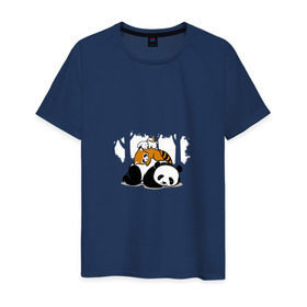 Мужская футболка хлопок с принтом Зверушки спят в лесу в Кировске, 100% хлопок | прямой крой, круглый вырез горловины, длина до линии бедер, слегка спущенное плечо. | зайчик | заяц | милота | мишка | панда