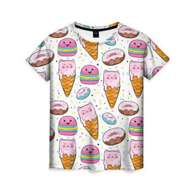 Женская футболка 3D с принтом Сладкие котики в Кировске, 100% полиэфир ( синтетическое хлопкоподобное полотно) | прямой крой, круглый вырез горловины, длина до линии бедер | конфетти | котики | мороженое | пломбир | пончики | рожок