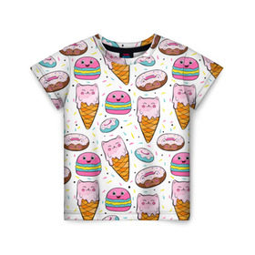 Детская футболка 3D с принтом Сладкие котики в Кировске, 100% гипоаллергенный полиэфир | прямой крой, круглый вырез горловины, длина до линии бедер, чуть спущенное плечо, ткань немного тянется | конфетти | котики | мороженое | пломбир | пончики | рожок