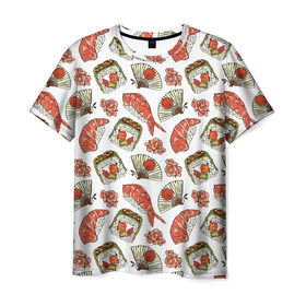Мужская футболка 3D с принтом Суши микс в Кировске, 100% полиэфир | прямой крой, круглый вырез горловины, длина до линии бедер | азия | веер | имбирь | роллы | суши | япония