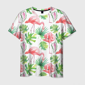 Мужская футболка 3D с принтом Розовые в Кировске, 100% полиэфир | прямой крой, круглый вырез горловины, длина до линии бедер | Тематика изображения на принте: листья | папоротник | паттерн | фламинго