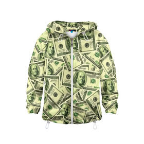 Детская ветровка 3D с принтом Benjamin Franklin в Кировске, 100% полиэстер | подол и капюшон оформлены резинкой с фиксаторами, по бокам два кармана без застежек, один потайной карман на груди | 3d | benjamin franklin | америка | богатство | валюта | денежные купюры | деньги | доллар | зеленые | сша | текстуры