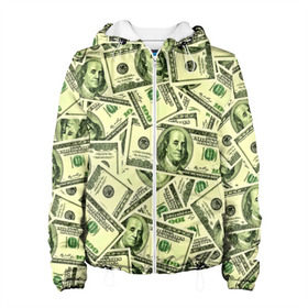 Женская куртка 3D с принтом Benjamin Franklin в Кировске, ткань верха — 100% полиэстер, подклад — флис | прямой крой, подол и капюшон оформлены резинкой с фиксаторами, два кармана без застежек по бокам, один большой потайной карман на груди. Карман на груди застегивается на липучку | 3d | benjamin franklin | америка | богатство | валюта | денежные купюры | деньги | доллар | зеленые | сша | текстуры