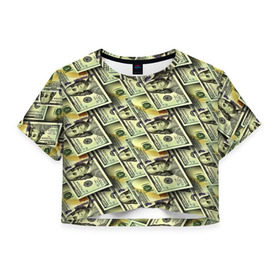 Женская футболка 3D укороченная с принтом Деньги в Кировске, 100% полиэстер | круглая горловина, длина футболки до линии талии, рукава с отворотами | 3d | benjamin franklin | америка | богатство | валюта | денежные купюры | деньги | доллар | зеленые | сша | текстуры