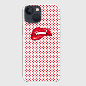 Чехол для iPhone 13 mini с принтом Губы Горох в Кировске,  |  | swag | блики | девушка | женщина | зубы | королева | красная помада | красный горошек | лицо | поцелуй | прикус | принт | улыбка | целовать