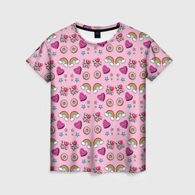Женская футболка 3D с принтом Стикеры для Нее в Кировске, 100% полиэфир ( синтетическое хлопкоподобное полотно) | прямой крой, круглый вырез горловины, длина до линии бедер | звезды | пончик | радуга | розовый | сердечко | я тебя люблю