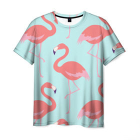 Мужская футболка 3D с принтом Flamingos pattern в Кировске, 100% полиэфир | прямой крой, круглый вырез горловины, длина до линии бедер | animals | beautiful | bird | birds | birdy | blue | color | flamingo | nature | wild | белое | голубое | животные | красивое | красота | милое | природа | птица | птицы | птичка | птички | синее | фламинго | цвет | яркое