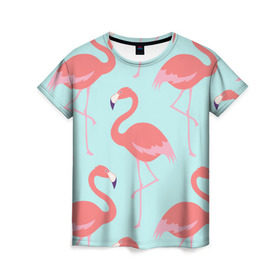 Женская футболка 3D с принтом Flamingos pattern в Кировске, 100% полиэфир ( синтетическое хлопкоподобное полотно) | прямой крой, круглый вырез горловины, длина до линии бедер | animals | beautiful | bird | birds | birdy | blue | color | flamingo | nature | wild | белое | голубое | животные | красивое | красота | милое | природа | птица | птицы | птичка | птички | синее | фламинго | цвет | яркое