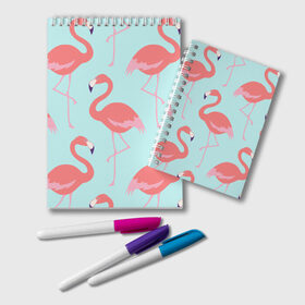 Блокнот с принтом Flamingos pattern в Кировске, 100% бумага | 48 листов, плотность листов — 60 г/м2, плотность картонной обложки — 250 г/м2. Листы скреплены удобной пружинной спиралью. Цвет линий — светло-серый
 | Тематика изображения на принте: animals | beautiful | bird | birds | birdy | blue | color | flamingo | nature | wild | белое | голубое | животные | красивое | красота | милое | природа | птица | птицы | птичка | птички | синее | фламинго | цвет | яркое