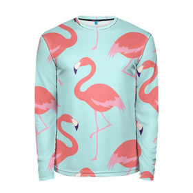 Мужской лонгслив 3D с принтом Flamingos pattern в Кировске, 100% полиэстер | длинные рукава, круглый вырез горловины, полуприлегающий силуэт | animals | beautiful | bird | birds | birdy | blue | color | flamingo | nature | wild | белое | голубое | животные | красивое | красота | милое | природа | птица | птицы | птичка | птички | синее | фламинго | цвет | яркое