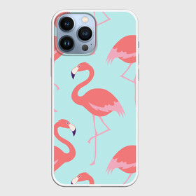 Чехол для iPhone 13 Pro Max с принтом Flamingos pattern в Кировске,  |  | Тематика изображения на принте: animals | beautiful | bird | birds | birdy | blue | color | flamingo | nature | wild | белое | голубое | животные | красивое | красота | милое | природа | птица | птицы | птичка | птички | синее | фламинго | цвет | яркое