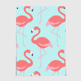 Постер с принтом Flamingos pattern в Кировске, 100% бумага
 | бумага, плотность 150 мг. Матовая, но за счет высокого коэффициента гладкости имеет небольшой блеск и дает на свету блики, но в отличии от глянцевой бумаги не покрыта лаком | animals | beautiful | bird | birds | birdy | blue | color | flamingo | nature | wild | белое | голубое | животные | красивое | красота | милое | природа | птица | птицы | птичка | птички | синее | фламинго | цвет | яркое