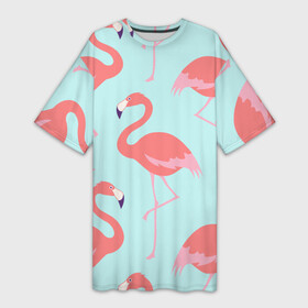 Платье-футболка 3D с принтом Flamingos pattern в Кировске,  |  | Тематика изображения на принте: animals | beautiful | bird | birds | birdy | blue | color | flamingo | nature | wild | белое | голубое | животные | красивое | красота | милое | природа | птица | птицы | птичка | птички | синее | фламинго | цвет | яркое