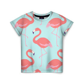 Детская футболка 3D с принтом Flamingos pattern в Кировске, 100% гипоаллергенный полиэфир | прямой крой, круглый вырез горловины, длина до линии бедер, чуть спущенное плечо, ткань немного тянется | animals | beautiful | bird | birds | birdy | blue | color | flamingo | nature | wild | белое | голубое | животные | красивое | красота | милое | природа | птица | птицы | птичка | птички | синее | фламинго | цвет | яркое
