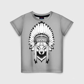 Детская футболка 3D с принтом Indian wolf в Кировске, 100% гипоаллергенный полиэфир | прямой крой, круглый вырез горловины, длина до линии бедер, чуть спущенное плечо, ткань немного тянется | indian | wolf | волк | голова животного | индеец | перья