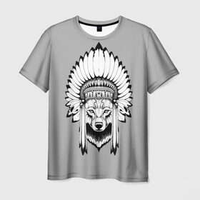 Мужская футболка 3D с принтом Indian wolf в Кировске, 100% полиэфир | прямой крой, круглый вырез горловины, длина до линии бедер | indian | wolf | волк | голова животного | индеец | перья