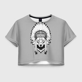 Женская футболка 3D укороченная с принтом Indian wolf в Кировске, 100% полиэстер | круглая горловина, длина футболки до линии талии, рукава с отворотами | indian | wolf | волк | голова животного | индеец | перья