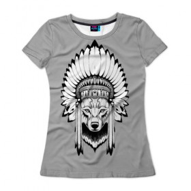 Женская футболка 3D с принтом Indian wolf в Кировске, 100% полиэфир ( синтетическое хлопкоподобное полотно) | прямой крой, круглый вырез горловины, длина до линии бедер | indian | wolf | волк | голова животного | индеец | перья