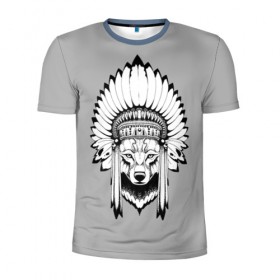 Мужская футболка 3D спортивная с принтом Indian wolf в Кировске, 100% полиэстер с улучшенными характеристиками | приталенный силуэт, круглая горловина, широкие плечи, сужается к линии бедра | indian | wolf | волк | голова животного | индеец | перья