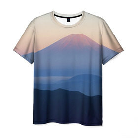 Мужская футболка 3D с принтом Фудзияма в Кировске, 100% полиэфир | прямой крой, круглый вырез горловины, длина до линии бедер | fuji | вулкан | горы | рассвет | солнце | туман | утро | япония