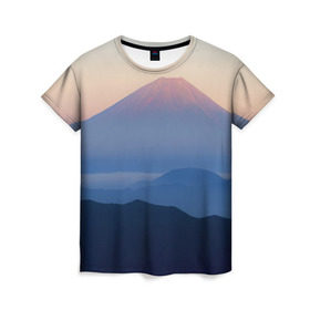 Женская футболка 3D с принтом Фудзияма в Кировске, 100% полиэфир ( синтетическое хлопкоподобное полотно) | прямой крой, круглый вырез горловины, длина до линии бедер | fuji | вулкан | горы | рассвет | солнце | туман | утро | япония