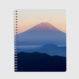 Тетрадь с принтом Фудзияма в Кировске, 100% бумага | 48 листов, плотность листов — 60 г/м2, плотность картонной обложки — 250 г/м2. Листы скреплены сбоку удобной пружинной спиралью. Уголки страниц и обложки скругленные. Цвет линий — светло-серый
 | fuji | вулкан | горы | рассвет | солнце | туман | утро | япония