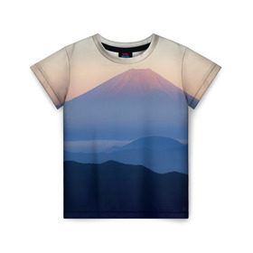 Детская футболка 3D с принтом Фудзияма в Кировске, 100% гипоаллергенный полиэфир | прямой крой, круглый вырез горловины, длина до линии бедер, чуть спущенное плечо, ткань немного тянется | Тематика изображения на принте: fuji | вулкан | горы | рассвет | солнце | туман | утро | япония