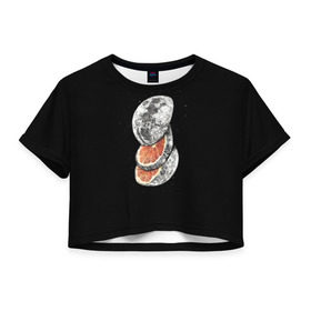 Женская футболка 3D укороченная с принтом Луна дольками в Кировске, 100% полиэстер | круглая горловина, длина футболки до линии талии, рукава с отворотами | апельсин | грейпфрут | ломтики | цитрус