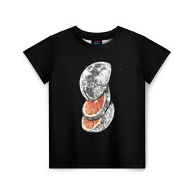 Детская футболка 3D с принтом Луна дольками в Кировске, 100% гипоаллергенный полиэфир | прямой крой, круглый вырез горловины, длина до линии бедер, чуть спущенное плечо, ткань немного тянется | Тематика изображения на принте: апельсин | грейпфрут | ломтики | цитрус
