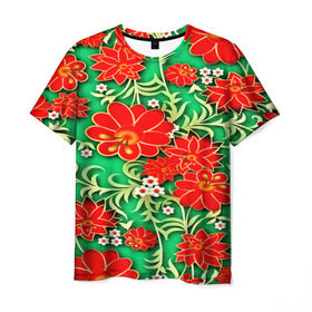 Мужская футболка 3D с принтом Узор из цветов в Кировске, 100% полиэфир | прямой крой, круглый вырез горловины, длина до линии бедер | Тематика изображения на принте: 3d | арт | астры | красные | ромашки | узор | цветы