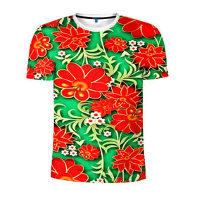 Мужская футболка 3D спортивная с принтом Узор из цветов в Кировске, 100% полиэстер с улучшенными характеристиками | приталенный силуэт, круглая горловина, широкие плечи, сужается к линии бедра | 3d | арт | астры | красные | ромашки | узор | цветы