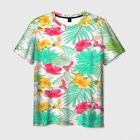 Мужская футболка 3D с принтом Tropical pattern в Кировске, 100% полиэфир | прямой крой, круглый вырез горловины, длина до линии бедер | 3d | арт | лето | пальмы | текстура | тропический | узор | цветы
