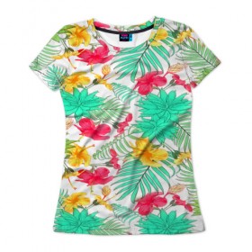 Женская футболка 3D с принтом Tropical pattern в Кировске, 100% полиэфир ( синтетическое хлопкоподобное полотно) | прямой крой, круглый вырез горловины, длина до линии бедер | 3d | арт | лето | пальмы | текстура | тропический | узор | цветы