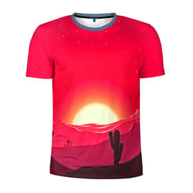 Мужская футболка 3D спортивная с принтом Gorgeous sunset в Кировске, 100% полиэстер с улучшенными характеристиками | приталенный силуэт, круглая горловина, широкие плечи, сужается к линии бедра | 3d | арт | дикий запад | закат | кактус | природа | солнце