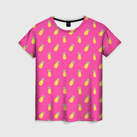 Женская футболка 3D с принтом Ананасы в Кировске, 100% полиэфир ( синтетическое хлопкоподобное полотно) | прямой крой, круглый вырез горловины, длина до линии бедер | акварель | ананас | арт | лето | орнамент | паттерн | розовый | тропики | узор | фрукт | фрукты