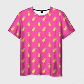 Мужская футболка 3D с принтом Ананасы в Кировске, 100% полиэфир | прямой крой, круглый вырез горловины, длина до линии бедер | акварель | ананас | арт | лето | орнамент | паттерн | розовый | тропики | узор | фрукт | фрукты