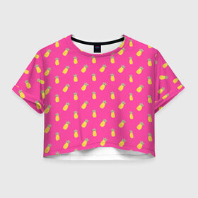 Женская футболка 3D укороченная с принтом Ананасы в Кировске, 100% полиэстер | круглая горловина, длина футболки до линии талии, рукава с отворотами | акварель | ананас | арт | лето | орнамент | паттерн | розовый | тропики | узор | фрукт | фрукты