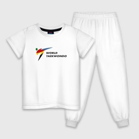 Детская пижама хлопок с принтом World Taekwondo logo в Кировске, 100% хлопок |  брюки и футболка прямого кроя, без карманов, на брюках мягкая резинка на поясе и по низу штанин
 | Тематика изображения на принте: world taekwondo | wt | логотип | тхэквондо