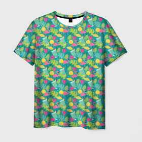 Мужская футболка 3D с принтом Гаваи в Кировске, 100% полиэфир | прямой крой, круглый вырез горловины, длина до линии бедер | aloha | fruits | hawaii | summer | ананас | арбуз | гаваи | пальмы | пляж | солнце | тропики | фламинго | флорида | фрукты