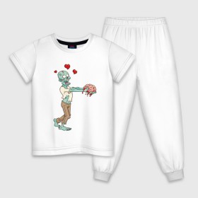 Детская пижама хлопок с принтом Zombie love в Кировске, 100% хлопок |  брюки и футболка прямого кроя, без карманов, на брюках мягкая резинка на поясе и по низу штанин
 | Тематика изображения на принте: brain | heart | love | zombie | зомби | любовь | мозги | сердце