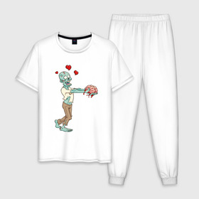 Мужская пижама хлопок с принтом Zombie love в Кировске, 100% хлопок | брюки и футболка прямого кроя, без карманов, на брюках мягкая резинка на поясе и по низу штанин
 | brain | heart | love | zombie | зомби | любовь | мозги | сердце