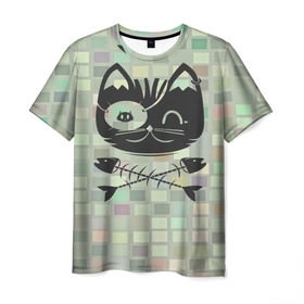 Мужская футболка 3D с принтом Пиратский кот в Кировске, 100% полиэфир | прямой крой, круглый вырез горловины, длина до линии бедер | Тематика изображения на принте: 3d | арт | животные | кости | кот | кубики | пират | текстуры | череп