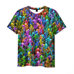 Мужская футболка 3D с принтом Разноцветные скелеты в Кировске, 100% полиэфир | прямой крой, круглый вырез горловины, длина до линии бедер | паттерн | разноцветный | скелет | яркий