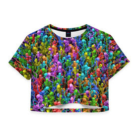 Женская футболка 3D укороченная с принтом Разноцветные скелеты в Кировске, 100% полиэстер | круглая горловина, длина футболки до линии талии, рукава с отворотами | паттерн | разноцветный | скелет | яркий